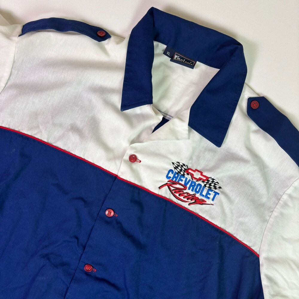 Vintage King Louie Chevrolet Racing Pit Crew Shirt XL Blue White NASCAR Style